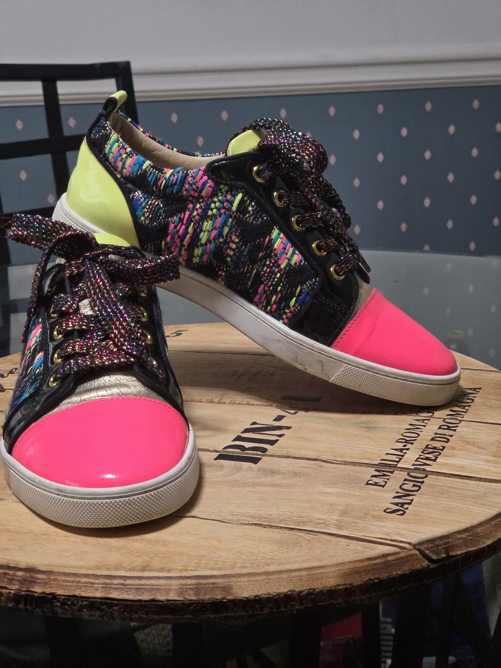 Christian Louboutin Neon Pink Toe Multicolor Woven Sneakers